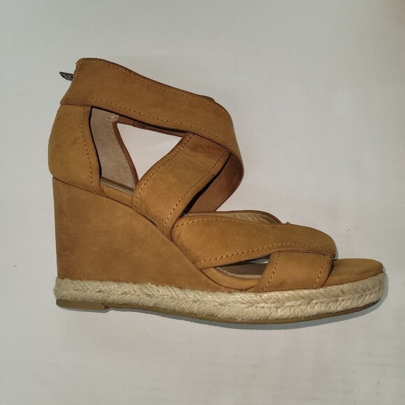 Frye Roberta Strap Wedge Sandal Women 6 Tan Nubuck Criss-Cross Strap Jute Detail - Picture 4 of 14